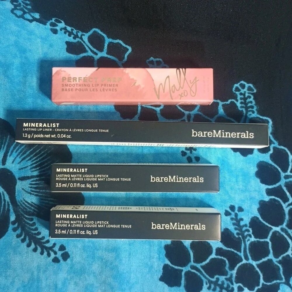 NIB 4pc Lipstick Lot Bare Minerals Lip Liner Liquid Lipstick Mally Perfect Prep